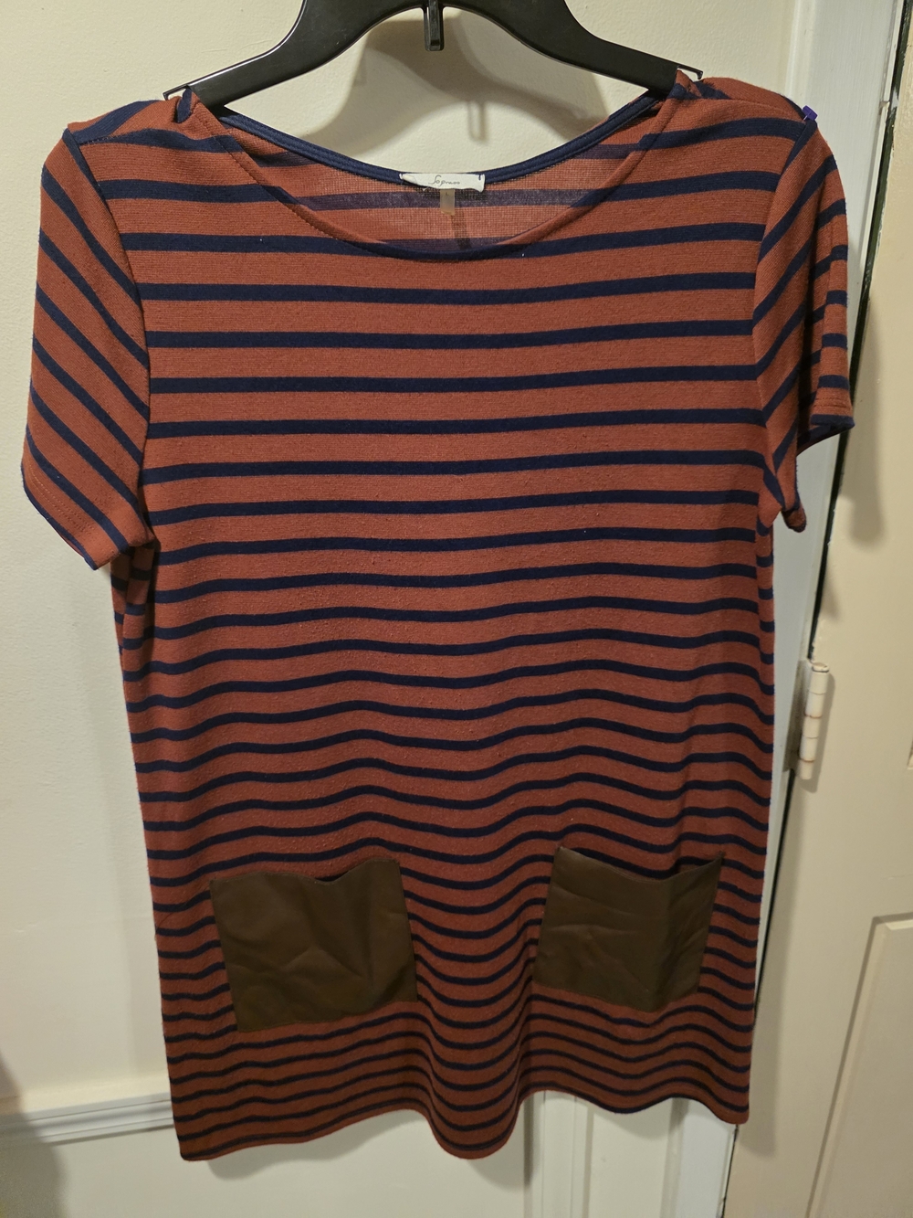 Soprano Rust and Navy Striped Short Sleeve Shift Dress with Pockets